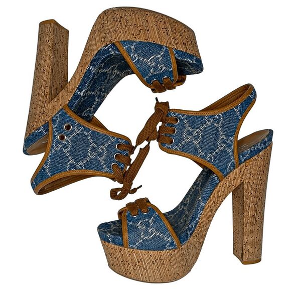 Gucci Double GG Logo Canvas Platform Sandal EU 38 US 8 Blue Slingback High Heel - Picture 5 of 11